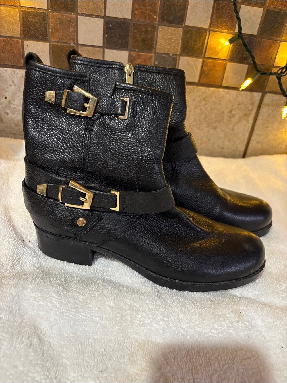 Marc Fisher Black Leather Ankle Booties with Gold Buckle Accents like New
